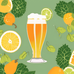 Ilustración de un vaso con cerveza estilo IPA de color ámbar con espuma blanca. Alrededor del vaso frutas cítricas y flores de lúpulo