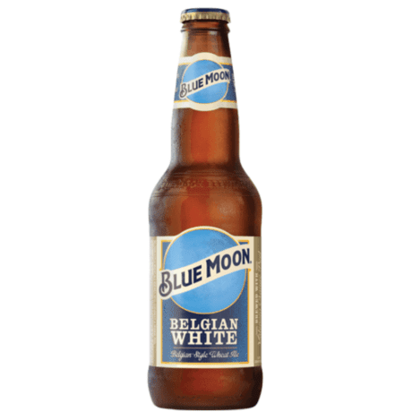 Cerveza americana Blue Moon Belgian White, de color dorado y estilo Witbier
