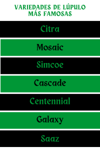 Infografía con las variedades de lúpulo más famosas: Citra, Mosaic, Simcoe, Cascade, Centennial, Galaxy y Saaz