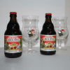 2 botellas de cerveza roja Cherry Chouffe y 2 copas de tulipa de la marca Brasserie D’Achouffe