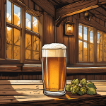Copa de cerveza Pale Ale dorada con espuma blanca sobre mesa de madera rústica, decorada con flores de lúpulo, en un ambiente cálido tipo pub inglés.