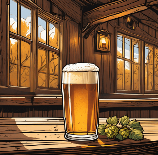 Copa de cerveza Pale Ale dorada con espuma blanca sobre mesa de madera rústica, decorada con flores de lúpulo, en un ambiente cálido tipo pub inglés.