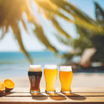 Varias cervezas artesanas frías con cítricos en mesa soleada, perfectas como cervezas para el verano.