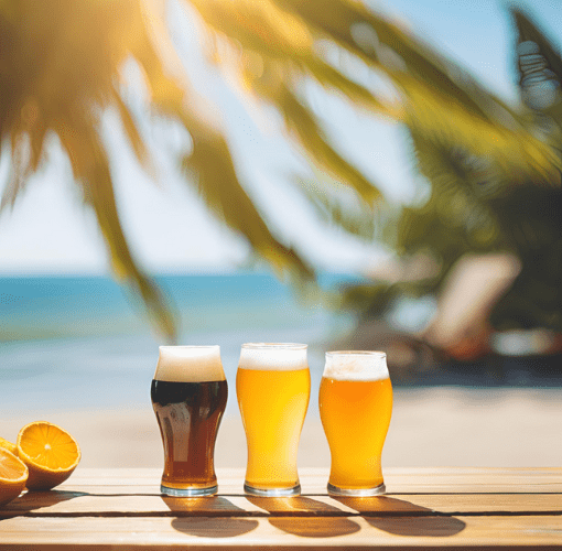 Varias cervezas artesanas frías con cítricos en mesa soleada, perfectas como cervezas para el verano.