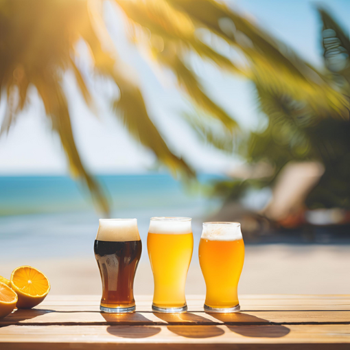 Varias cervezas artesanas frías con cítricos en mesa soleada, perfectas como cervezas para el verano.