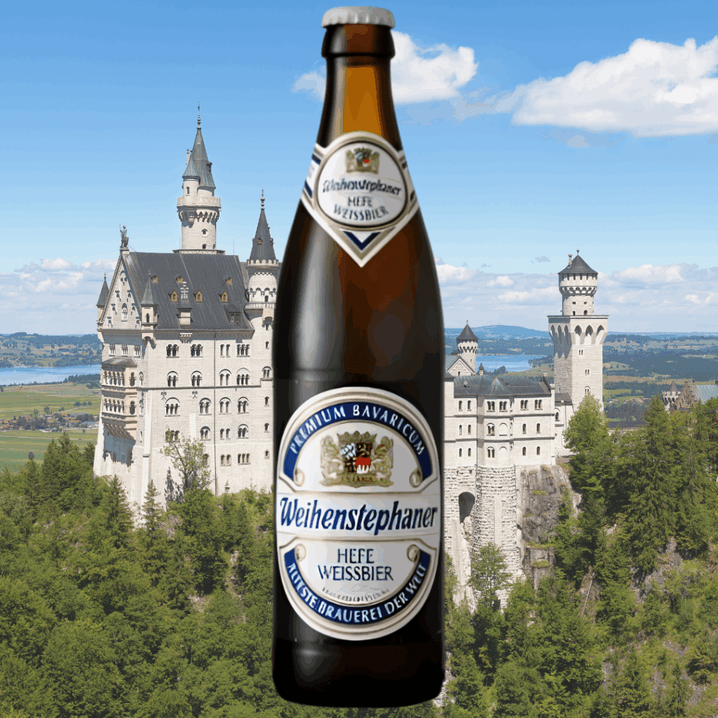 Cerveza alemana Weihenstephaner Hefe Weissbier frente al castillo de Neuschwanstein