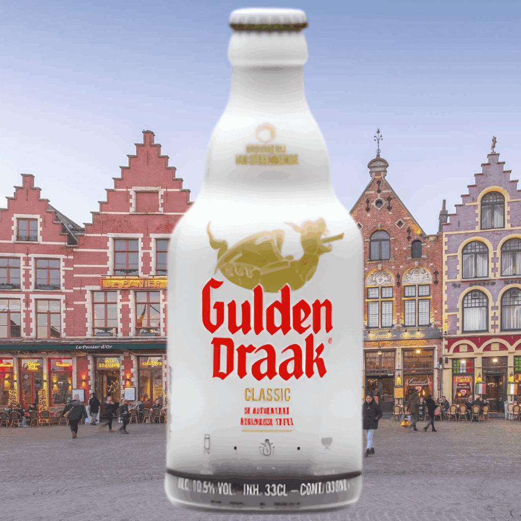 Cerveza belga Gulden Draak Classic en la Grote Markt de Brujas