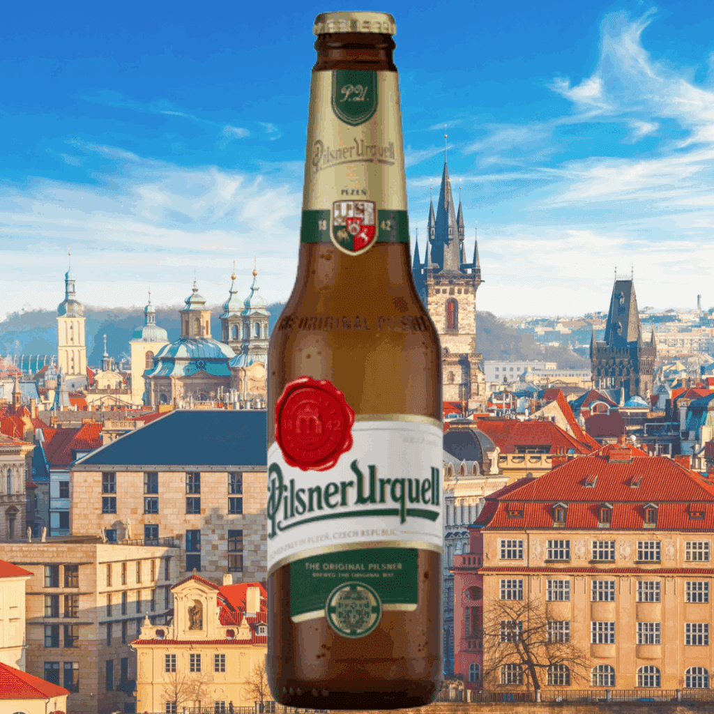 Cerveza checa Pilsner Urquell con panorámica de Praga