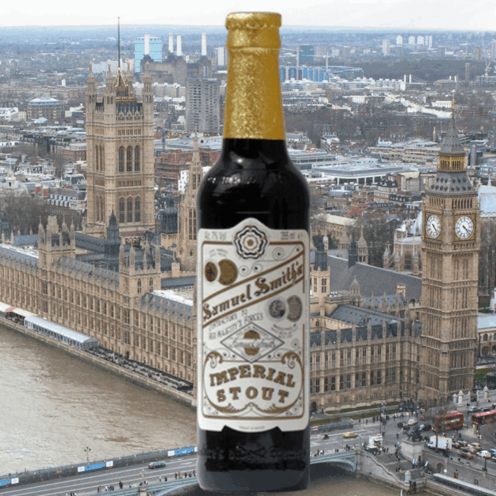 Cerveza inglesa Samuel Smith Imperial Stout frente al Parlamento británico