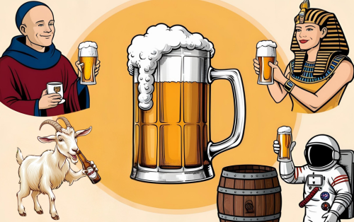 Ilustración de astronauta, monje, faraón y cabra bebiendo cerveza. Sabías qué de la cerveza - Cervezas San Galo.