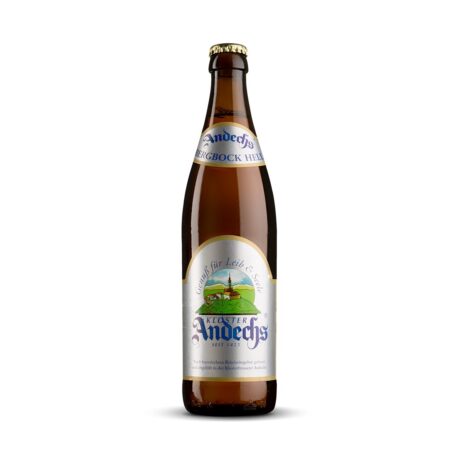 Botella de cerveza Andechs Bergbock Hell dorada con etiqueta tradicional del Monasterio de Andechs