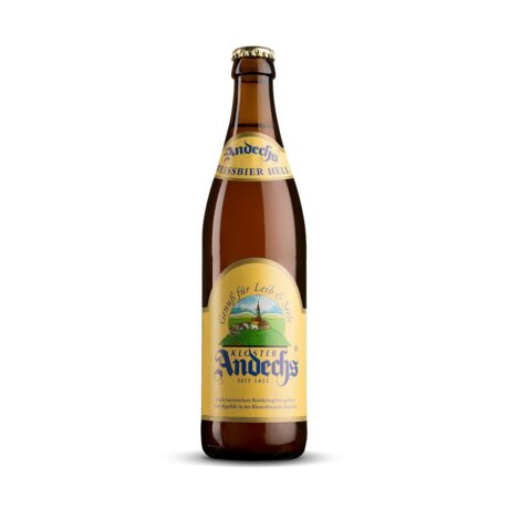 Botella de cerveza Andechs Weissbier Hell dorada con etiqueta del Monasterio de Andechs