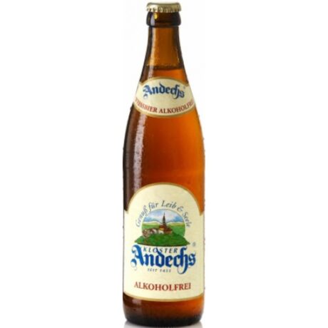 Botella de Cerveza Andechs Weizen sin Alcohol sobre fondo blanco
