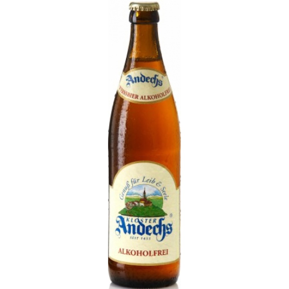 Andechs Weizen sin Alcohol Botella de Cerveza Andechs Weizen sin Alcohol sobre fondo blanco