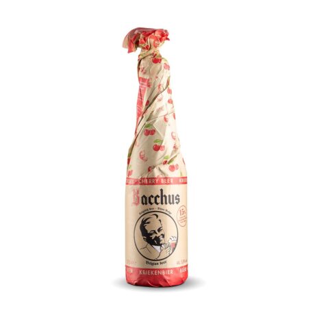 Botella de cerveza Bacchus Kriek Flanders Oud Bruin con cerezas Morello, color rojo rubí
