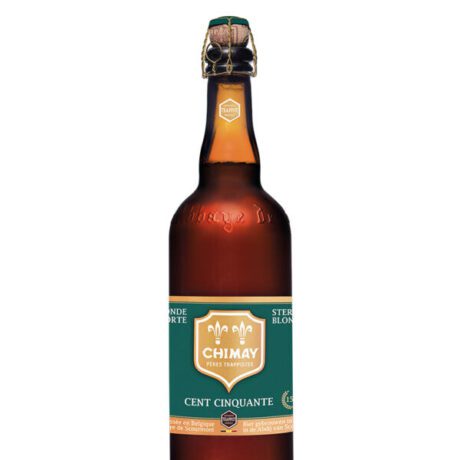Botella de Chimay 150 cerveza trapense belga rubia fuerte edición 150 aniversario