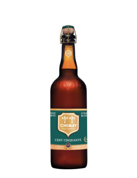 Botella de Chimay 150 cerveza trapense belga rubia fuerte edición 150 aniversario