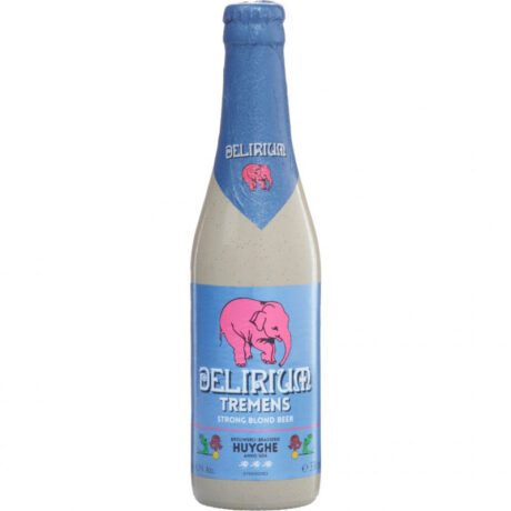 Botella de Cerveza Delirium Tremens con su característico elefante rosa junto a un vaso de cerveza dorada y espuma blanca