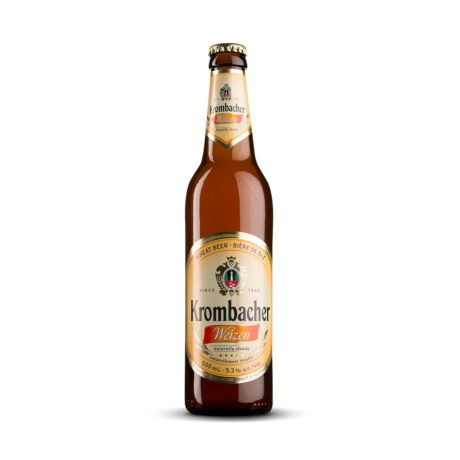 Botella de Cerveza Krombacher Weizen, cerveza de trigo alemana con etiqueta verde y dorada