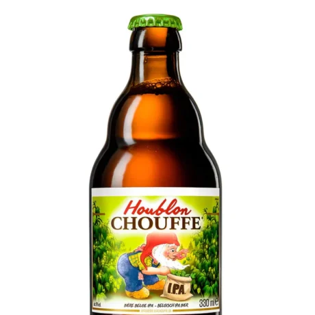 Botella de Cerveza La Chouffe Houblon cerveza artesana belga con etiqueta verde de gnomo y lúpulo