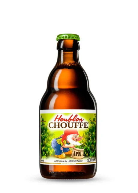 Botella de Cerveza La Chouffe Houblon cerveza artesana belga con etiqueta verde de gnomo y lúpulo