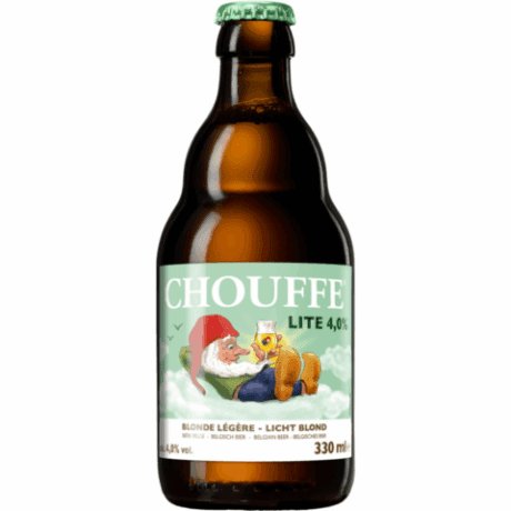 Botella de Cerveza La Chouffe Lite cerveza belga rubia ligera 4% con gnomo Marcel en etiqueta