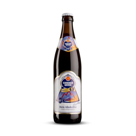 Botella de cerveza Schneider Weisse Sin Alcohol Tap 3 con etiqueta dorada y azul sobre fondo blanco