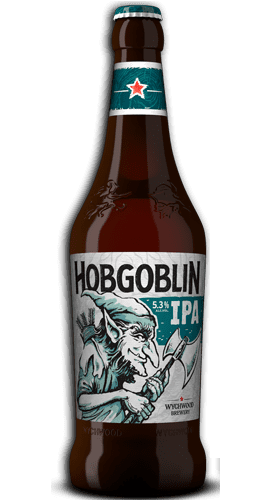 Cerveza Wychwood Hobgoblin IPA Botella de Cerveza Wychwood Hobgoblin IPA con etiqueta ilustrada de un hobgoblin