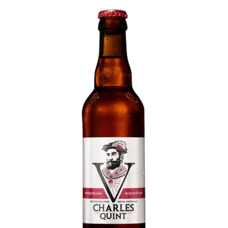 Botella de Cerveza Charles V Roja, cerveza belga Belgian Dubbel con etiqueta imperial de Carlos V