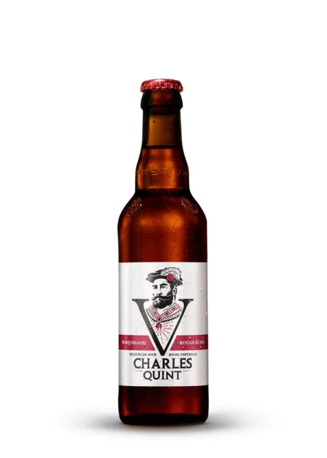 Botella de Cerveza Charles V Roja, cerveza belga Belgian Dubbel con etiqueta imperial de Carlos V