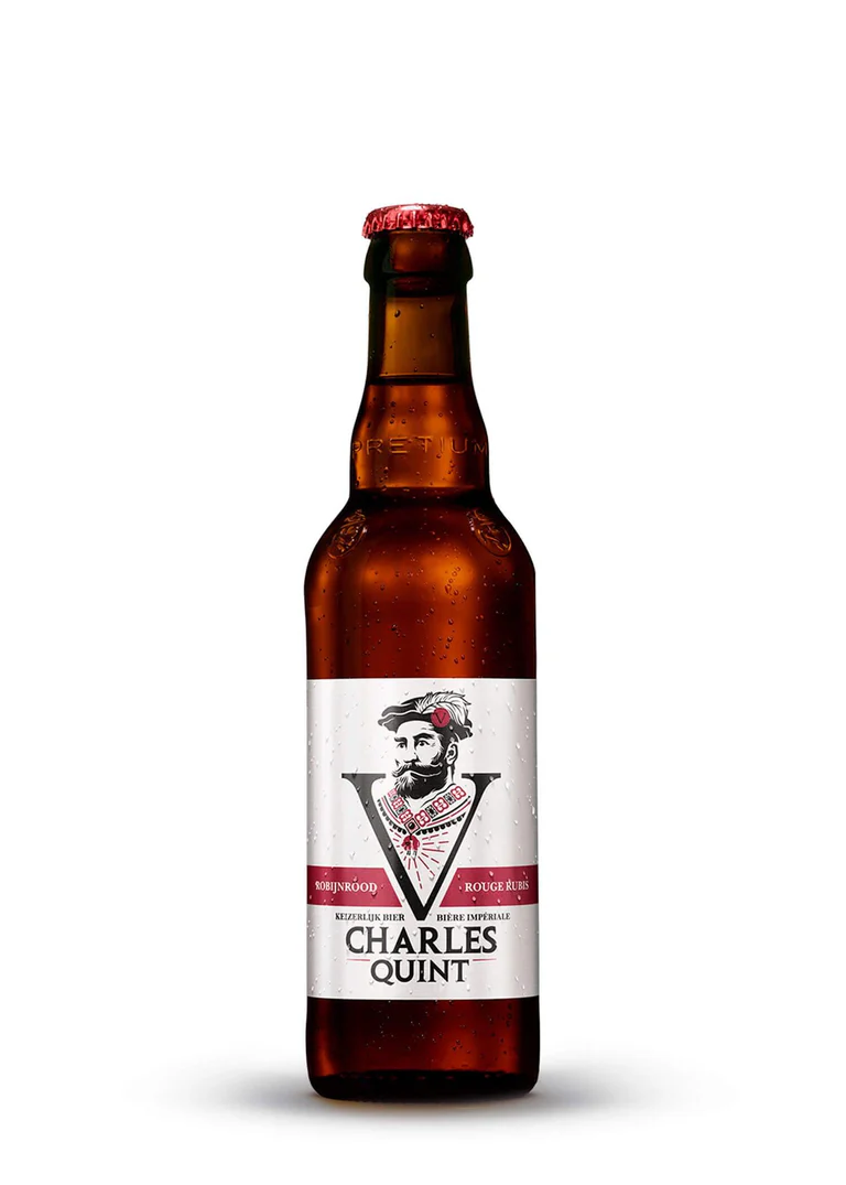 Charles V Roja Botella de Cerveza Charles V Roja, cerveza belga Belgian Dubbel con etiqueta imperial de Carlos V