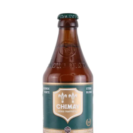 Botella de cerveza Chimay 150 con etiqueta azul sobre superficie de madera rústica