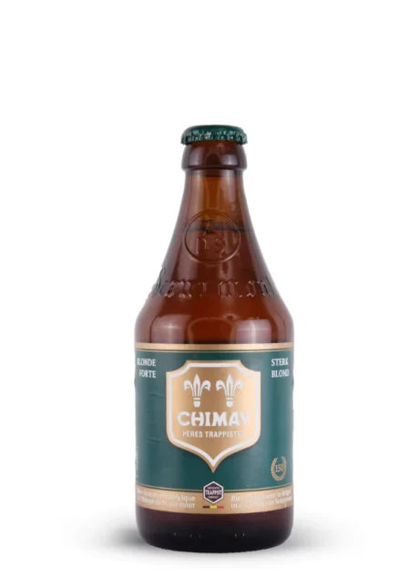 Botella de cerveza Chimay 150 con etiqueta azul sobre superficie de madera rústica