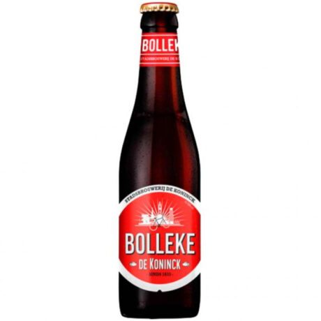 Botella de Cerveza De Koninck Bolleke con vaso esférico y cerveza ámbar