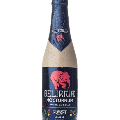 Botella de Cerveza Delirium Nocturnum con elefante rosa sobre fondo oscuro