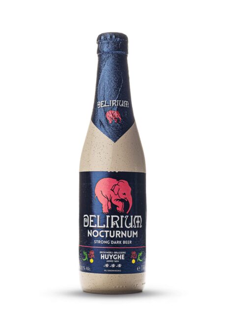 Botella de Cerveza Delirium Nocturnum con elefante rosa sobre fondo oscuro