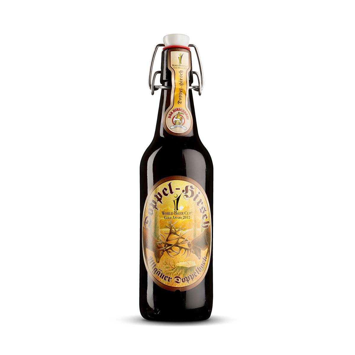 Doppelhirsch de Hirschbräu Botella de Cerveza Hirschbräu Doppelhirsch Doppelbock bávara caoba oscuro con etiqueta de ciervo doble