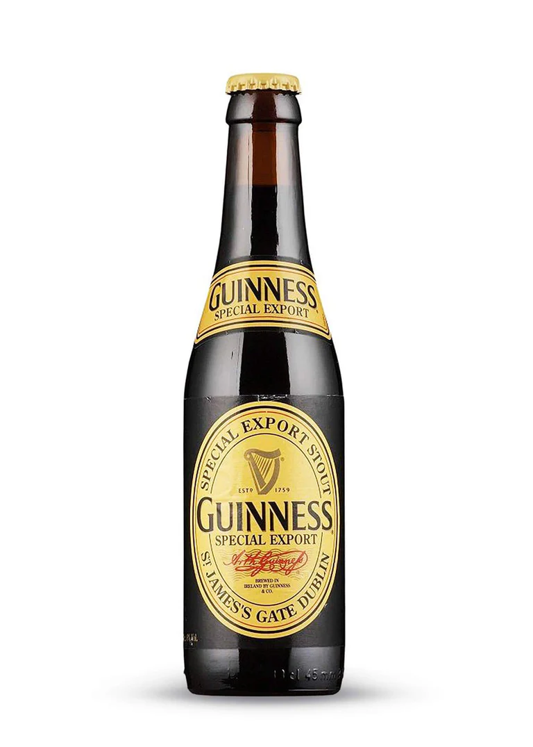 Guinnes 8 Special Export Botella de Cerveza Guinness 8, cerveza negra irlandesa-belga con etiqueta negra y dorada, notas de café tostado y chocolate
