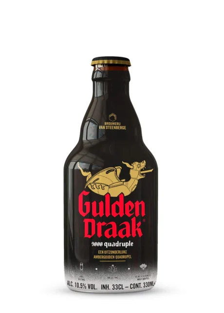 Botella de Cerveza Gulden Draak 9000 Quadrupel y copa con cerveza ámbar