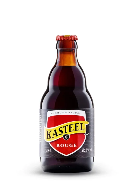 Botella de cerveza Kasteel Rouge en cristal oscuro con etiqueta roja y detalles dorados