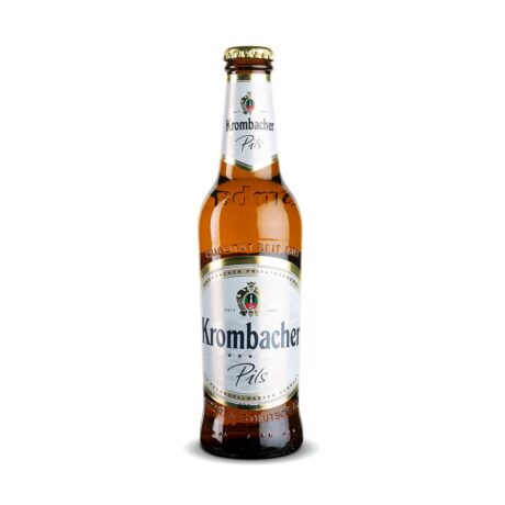Botella de cerveza Krombacher Pilsener premium alemana dorada