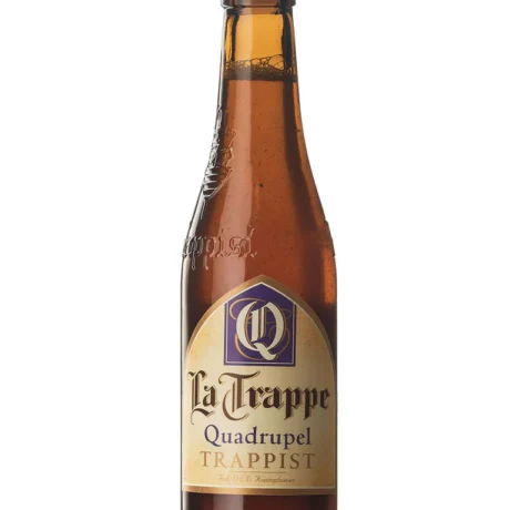 Botella de La Trappe Quadrupel trapense holandesa con etiqueta de la Abadía de Koningshoeven, color ámbar intenso y espuma cremosa