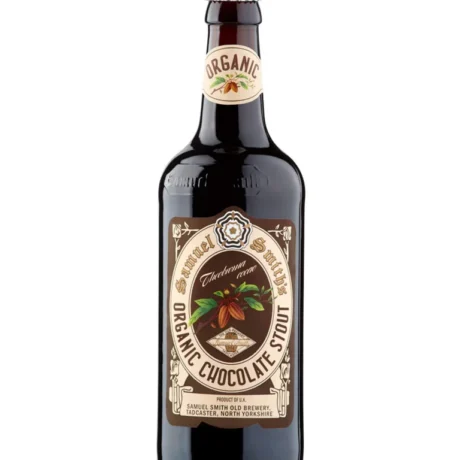 Botella de Samuel Smith Organic Chocolate Stout orgánica con malta de chocolate ecológica