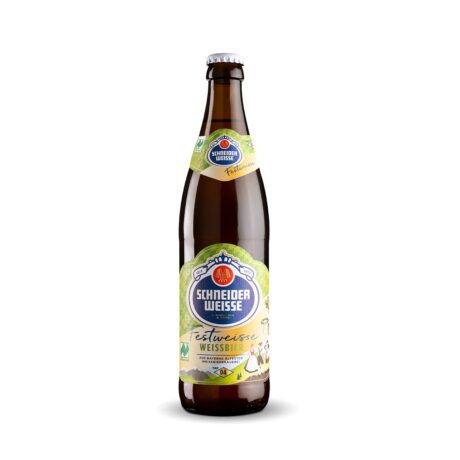 Botella de cerveza Schneider Festweisse Tap 4 de trigo dorada y turbia con espuma cremosa