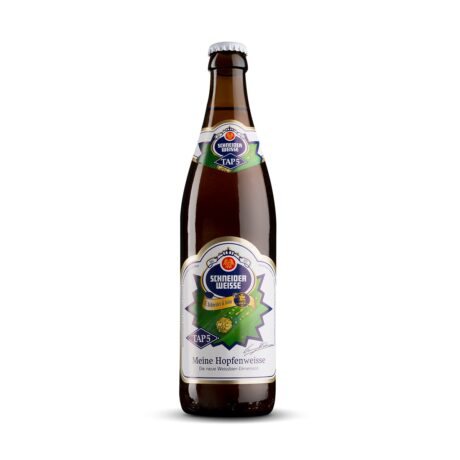 Botella de cerveza Schneider Hopfenweisse Tap 5, cerveza de trigo bávara dorada y turbia