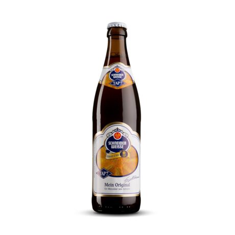 Botella de cerveza de trigo Schneider Weisse Original Tap 7 sobre fondo blanco