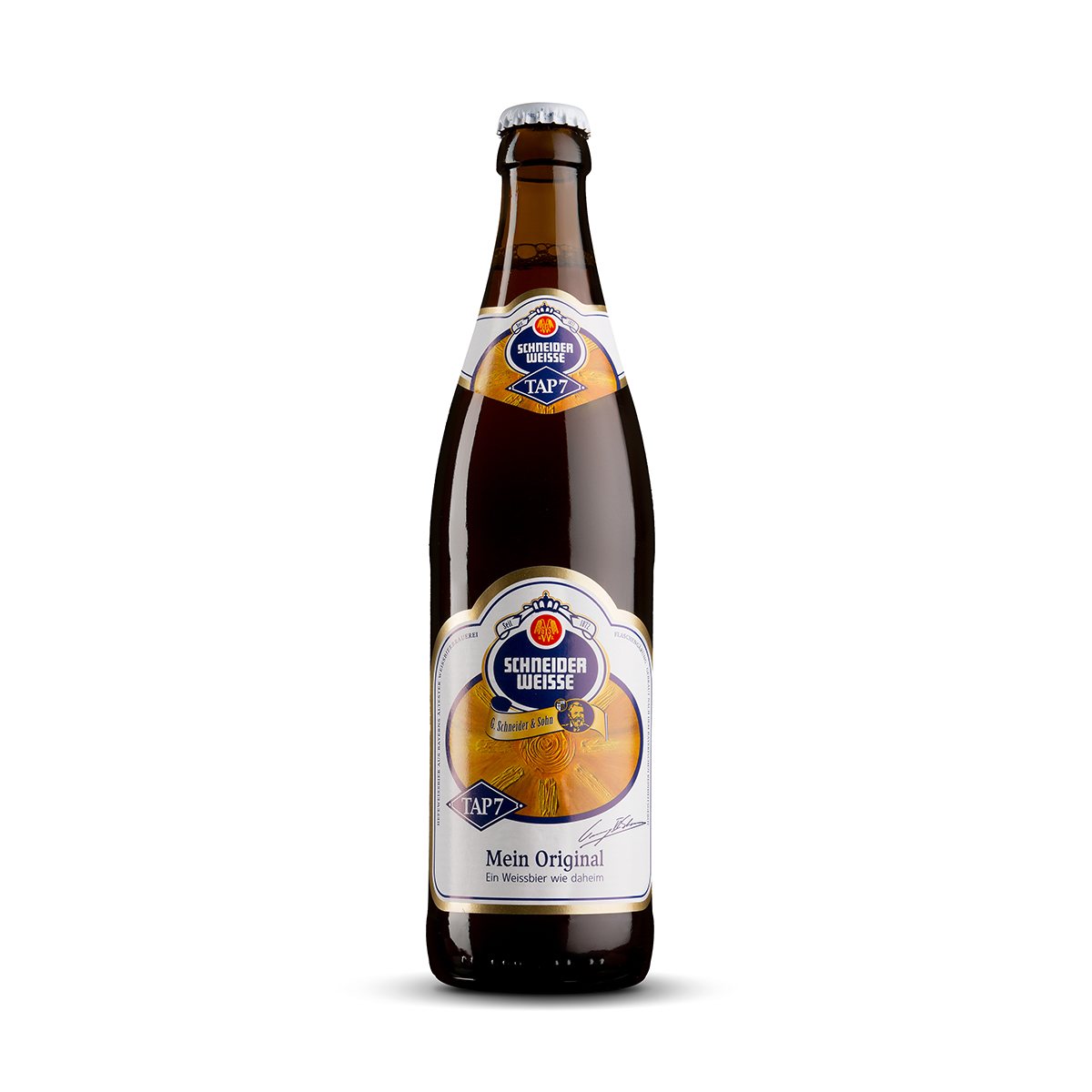 Schneider Weisse Original Tap 7 Botella de cerveza de trigo Schneider Weisse Original Tap 7 sobre fondo blanco