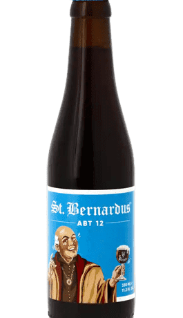 Botella de cerveza St. Bernardus 12º Quadrupel belga de abadía con etiqueta negra y dorada