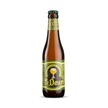 Botella de Cerveza Te Deum IPA belga ámbar turbia con espuma cremosa