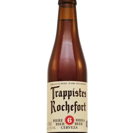 Botella de Cerveza Trappistes Rochefort 6 Dubbel color rojizo rubí con etiqueta tradicional de abadía